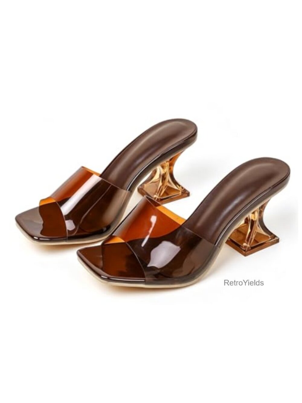 Clear Rhinestone Slide Sandals Square Open Toe Flared Heel Dress Mules for